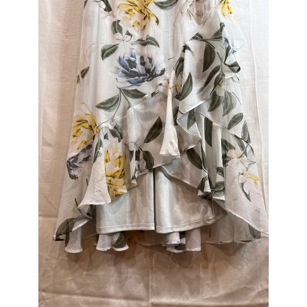 Calvin Klein Floral High-Low Ruffle Chiffon Midi Dress White Blue Yellow Size 8 - Picture 10 of 11